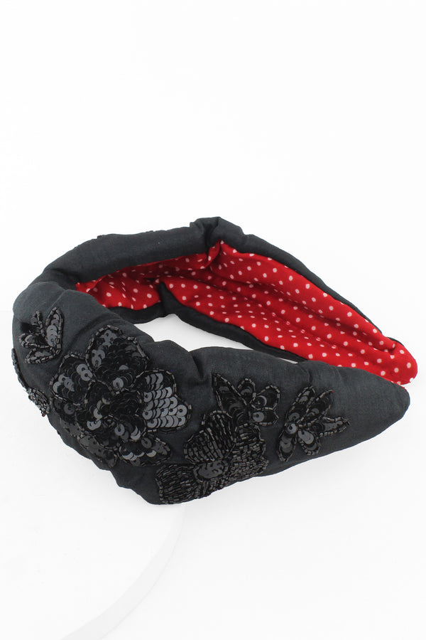 Black Sequin and Beaded Floral Headband