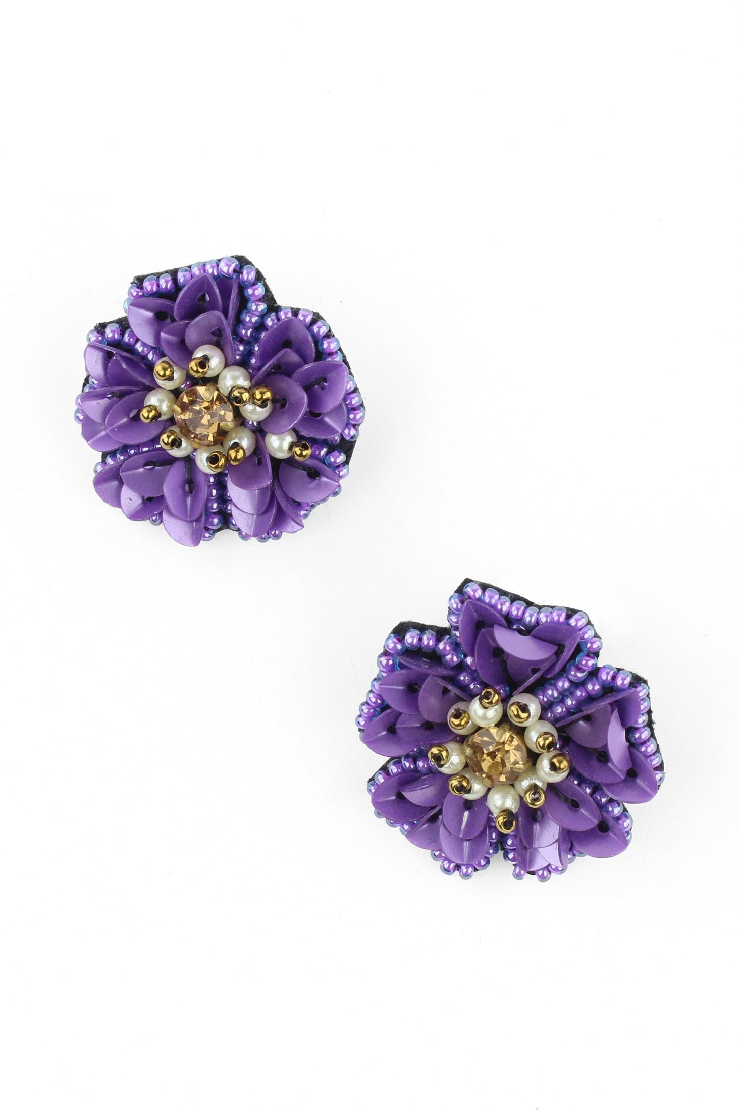 Sequin Beaded Purple Flower Earrings - Main Image