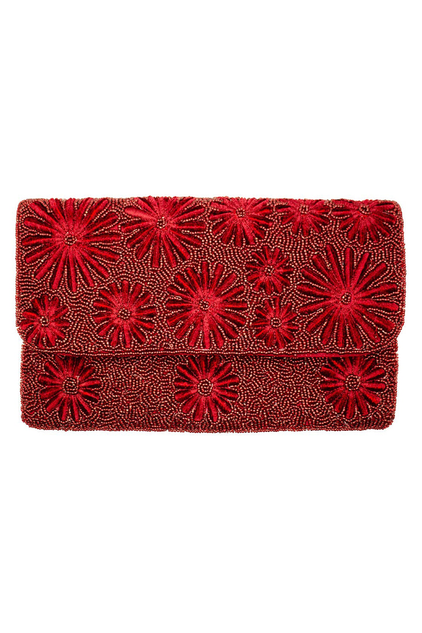 Burgundy Floral Embroidered Beaded Clutch
