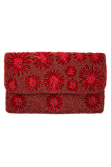 Burgundy Floral Embroidered Beaded Clutch