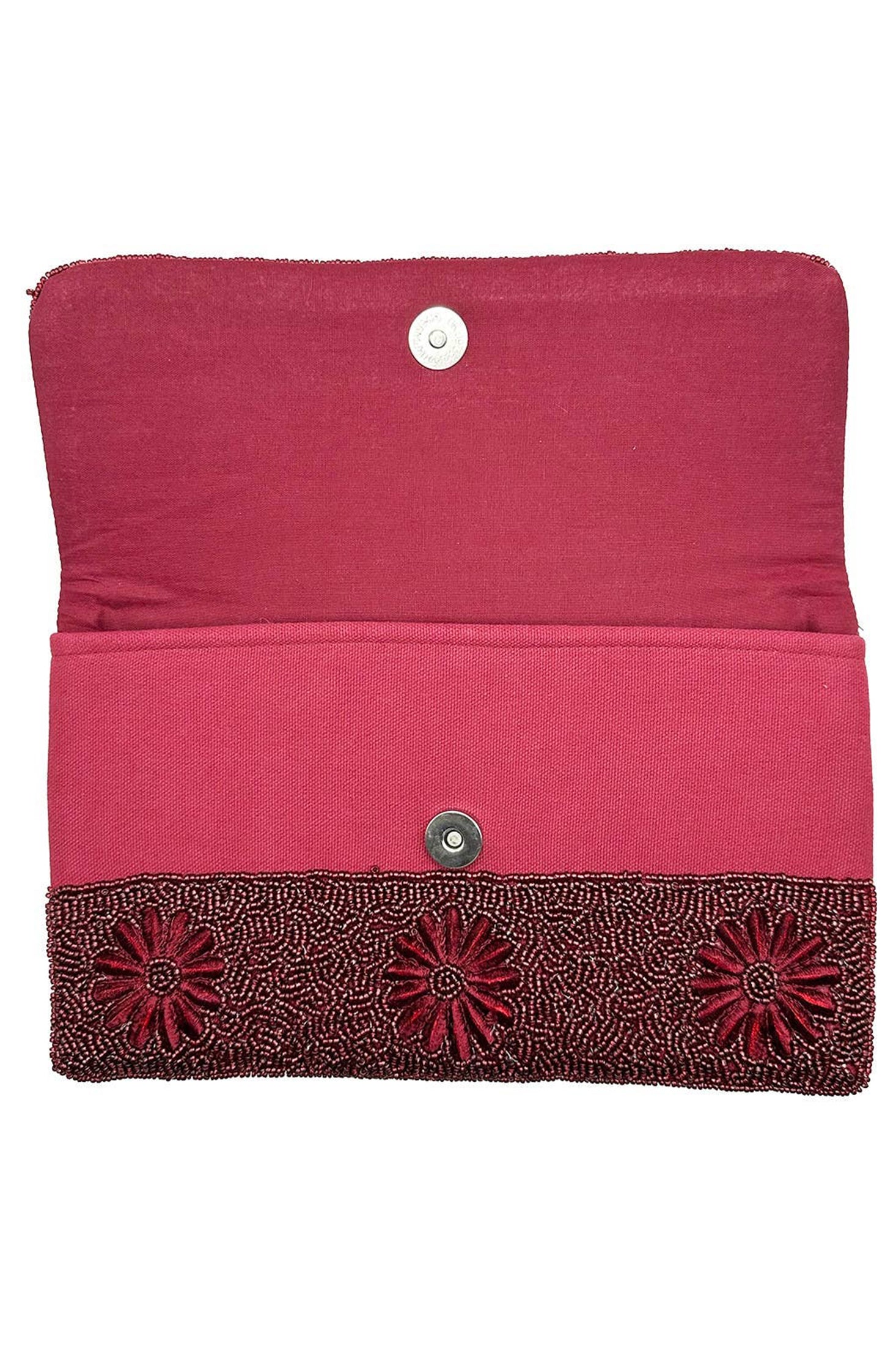 Burgundy Floral Embroidered Beaded Clutch