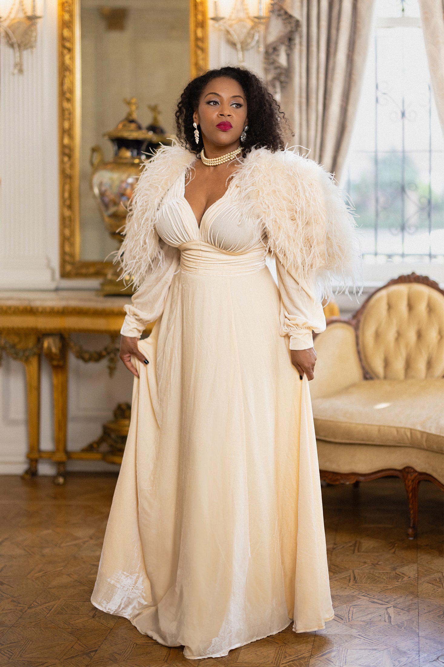 1940s Long Sleeve Gown - Ivory Velvet 16 1940s Long Sleeve Gown - Ivory Velvet 16