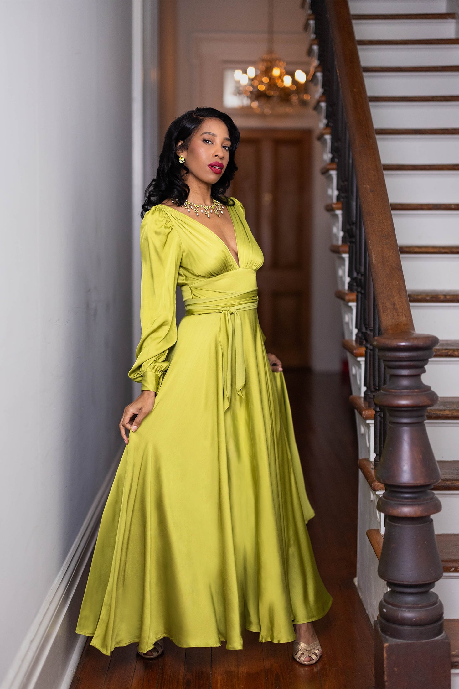 chartreuse satin dress Gene Dress