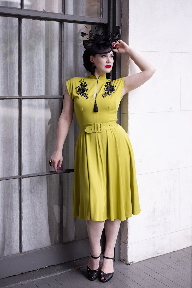 Zip Front Marie Dress - Chartreuse Embroidery