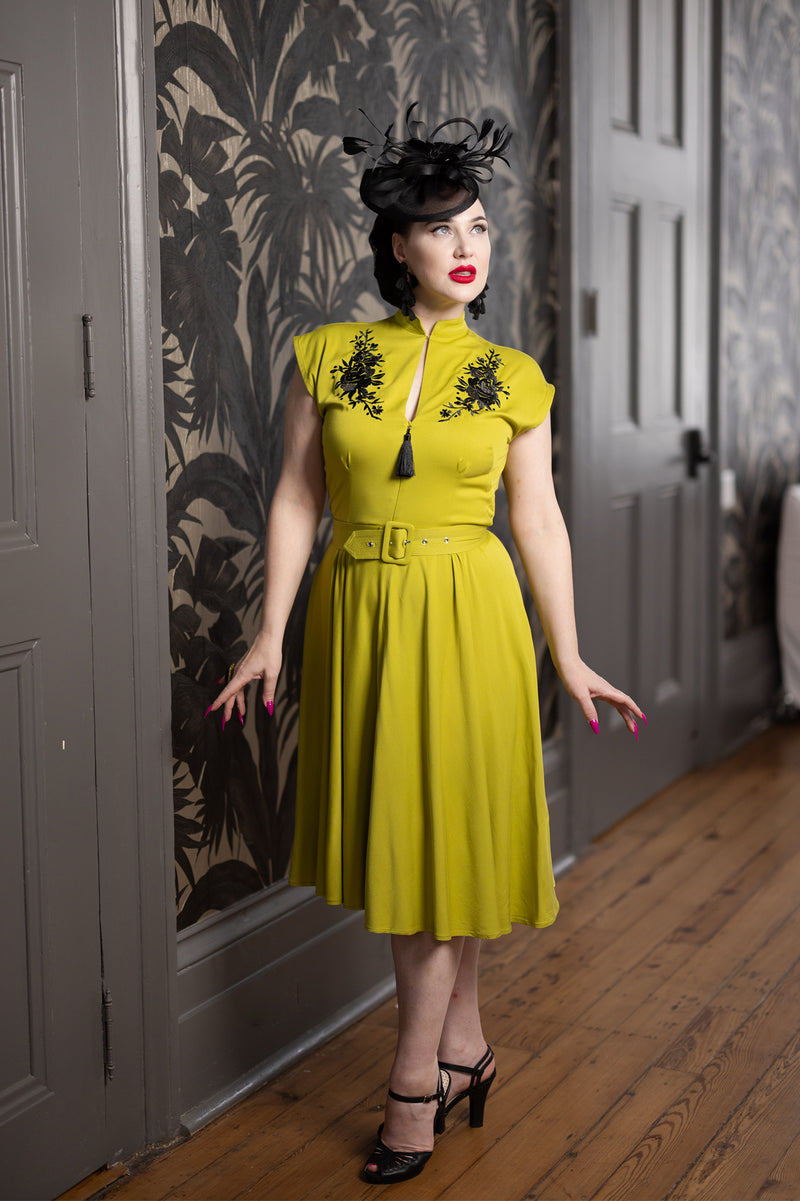 Zip Front Marie Dress - Chartreuse Embroidery