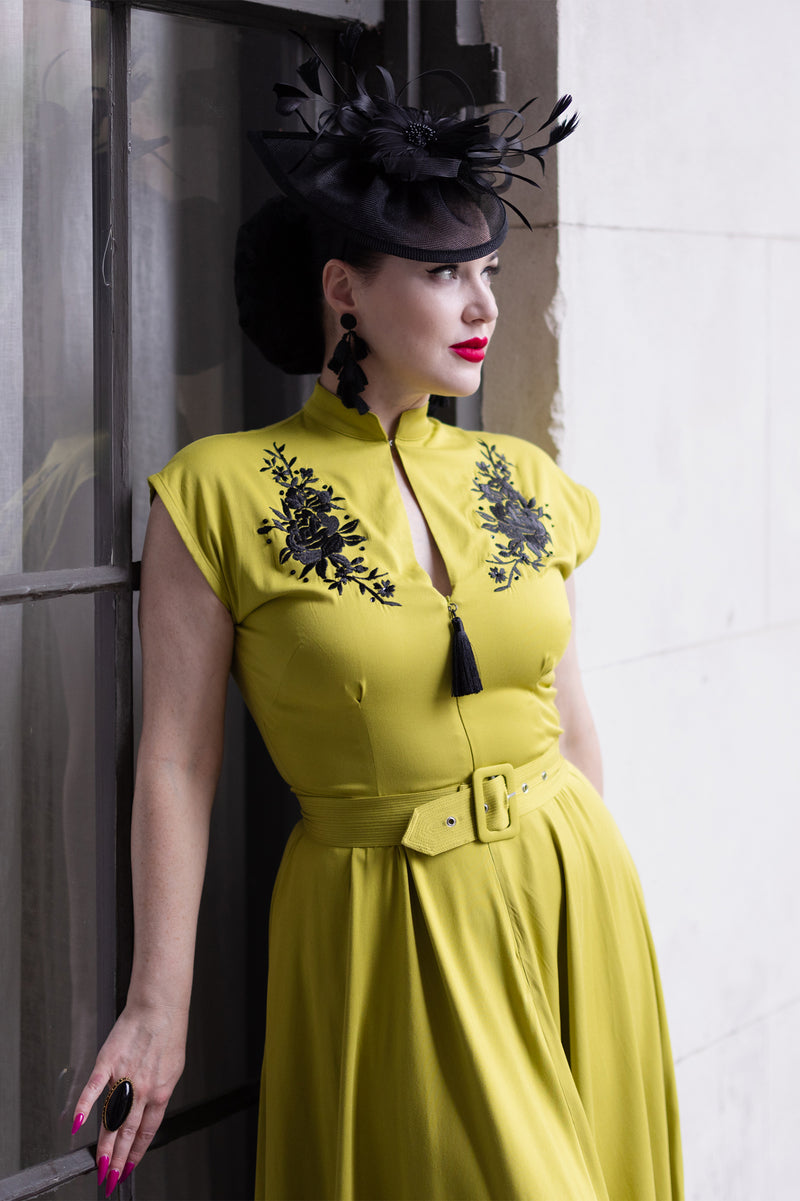 Zip Front Marie Dress - Chartreuse Embroidery