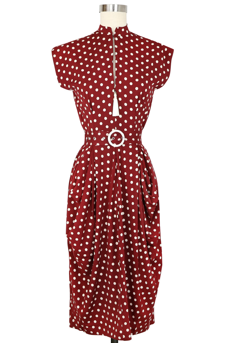 Zip Front Marie Drape Dress - Dubonnet Dots