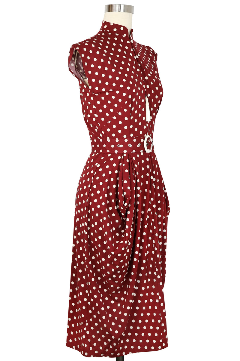 Zip Front Marie Drape Dress - Dubonnet Dots