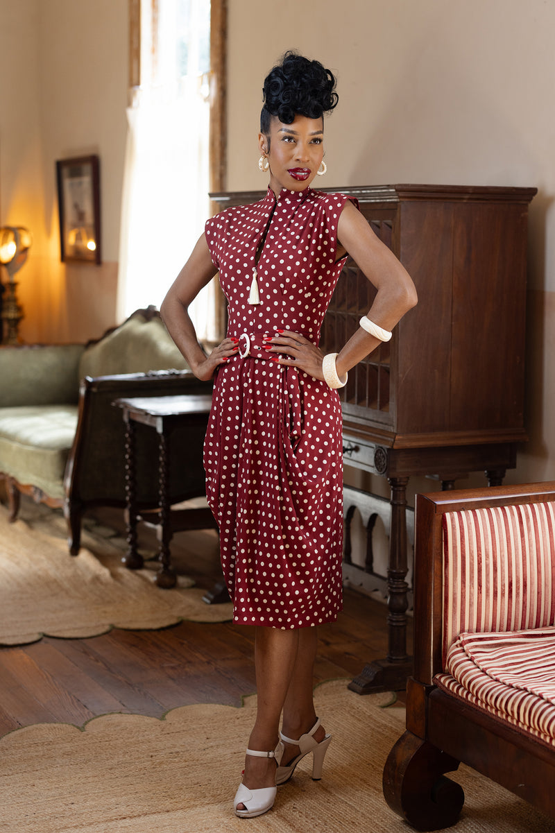 Zip Front Marie Drape Dress - Dubonnet Dots