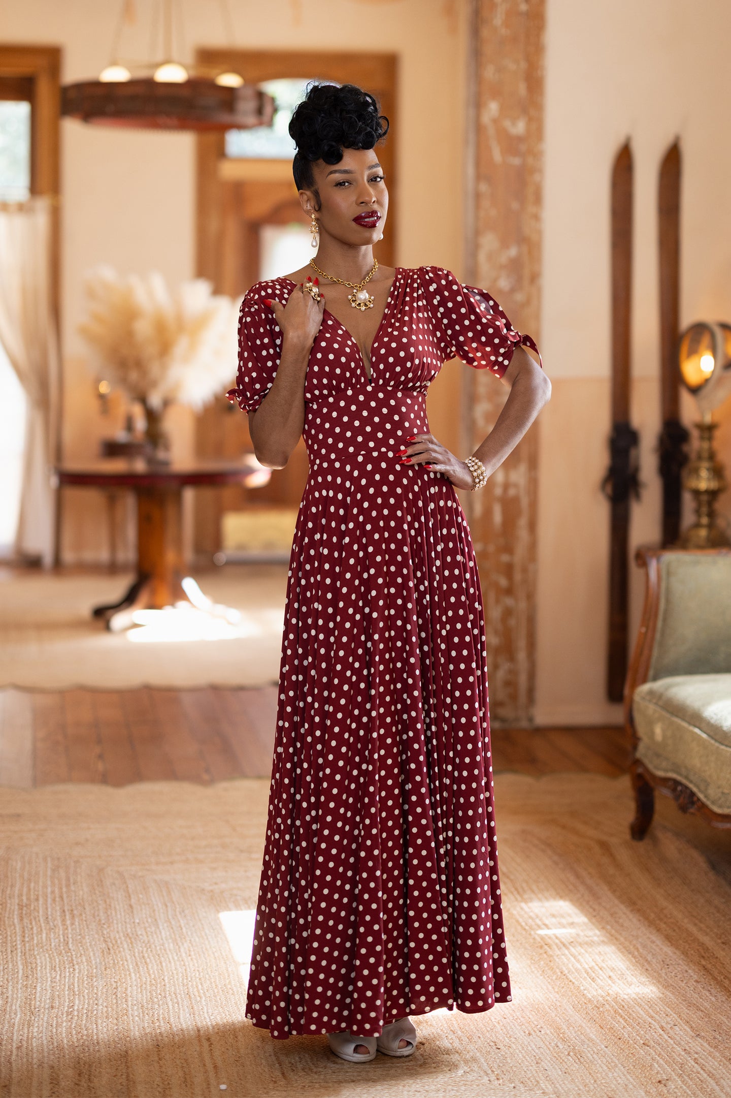 Stacia Dress - Dubonnet Dots ##description##