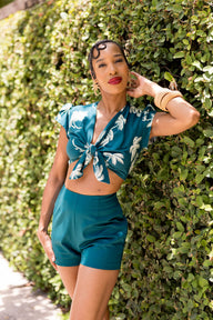 Alexa Petal Tie Top - Deep Teal Tropics