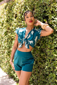 Alexa Petal Tie Top - Deep Teal Tropics