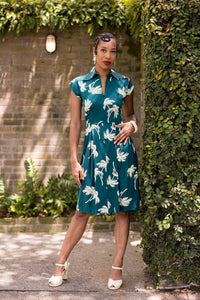 Zip Front Day Dress - Deep Teal Tropics