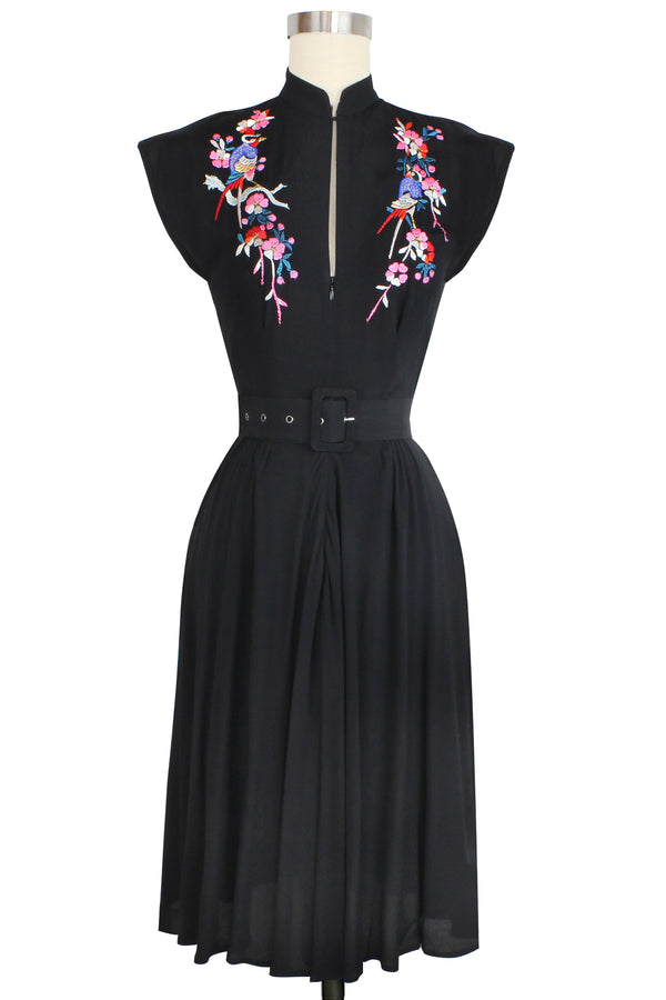 Embroidered Zip Front Marie Dress -Black