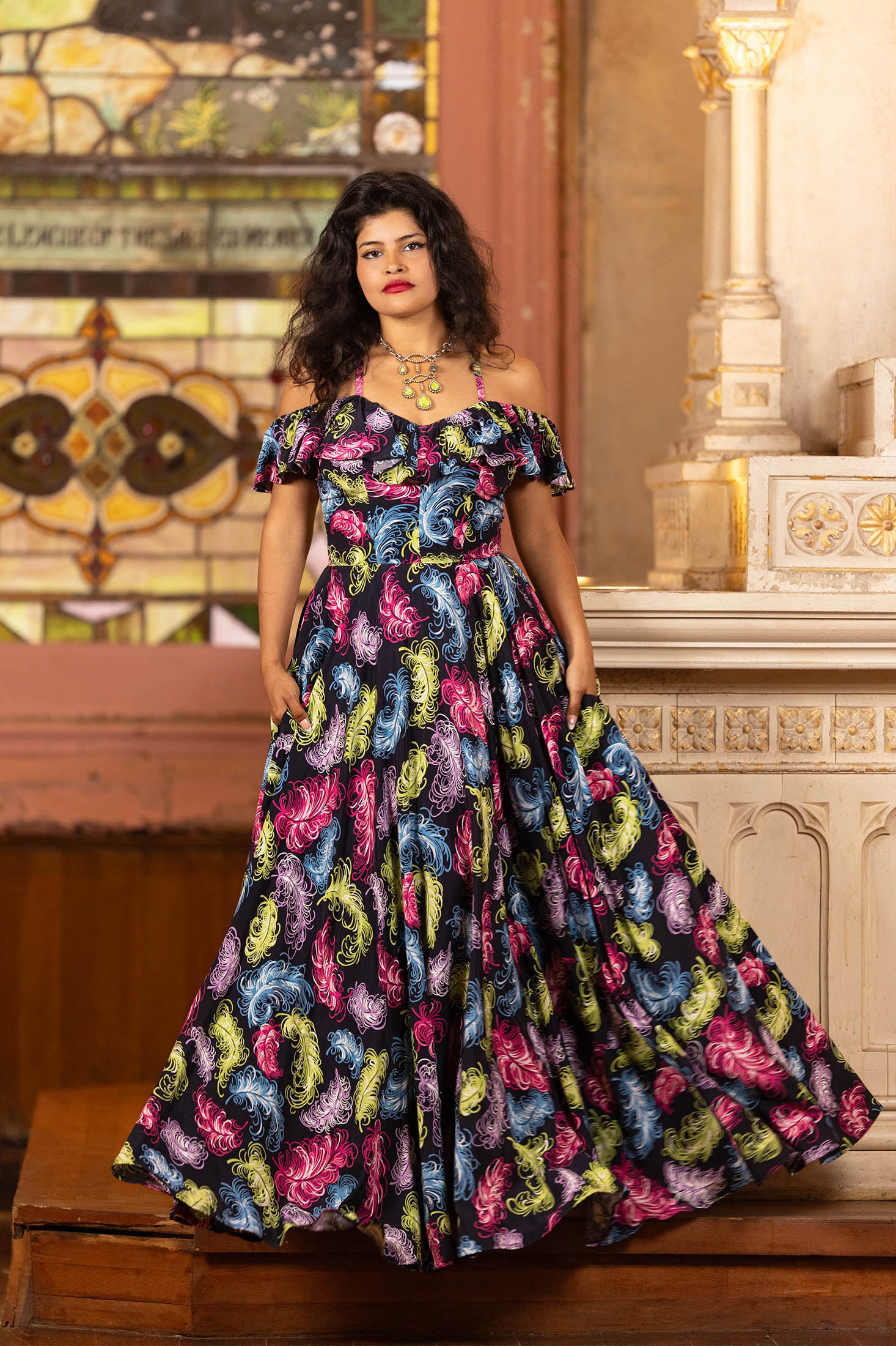 Hollywood Circle Long Dress - French Feathers 0 Hollywood Circle Long Dress - French Feathers 0