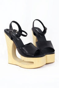 Jeffery Campbell Flag Girl Cut-out wooden wedge platform sandal - Black Natural