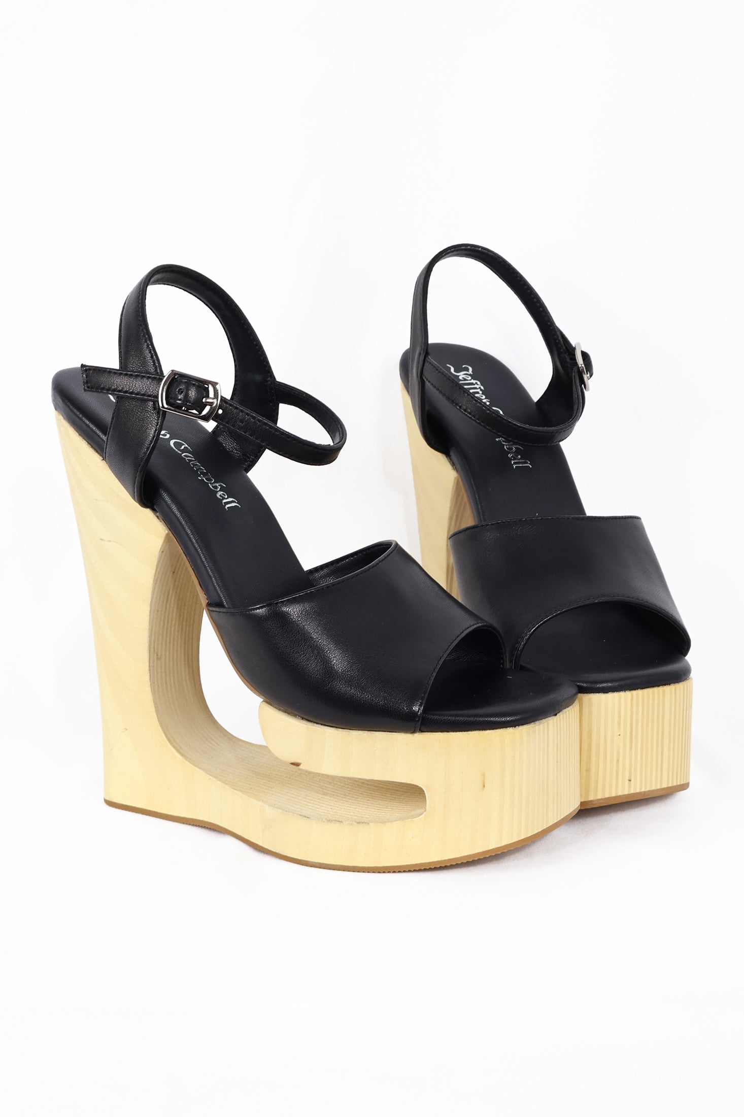 Jeffery Campbell Flag Girl Cut-out wooden wedge platform sandal - Black Natural