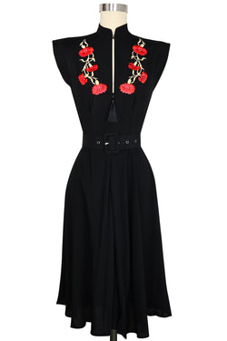 Zip Front Marie Dress - Red Floral Embroidery