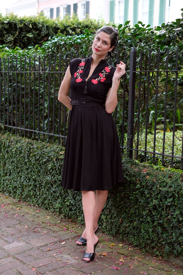 Zip Front Marie Dress - Red Floral Embroidery