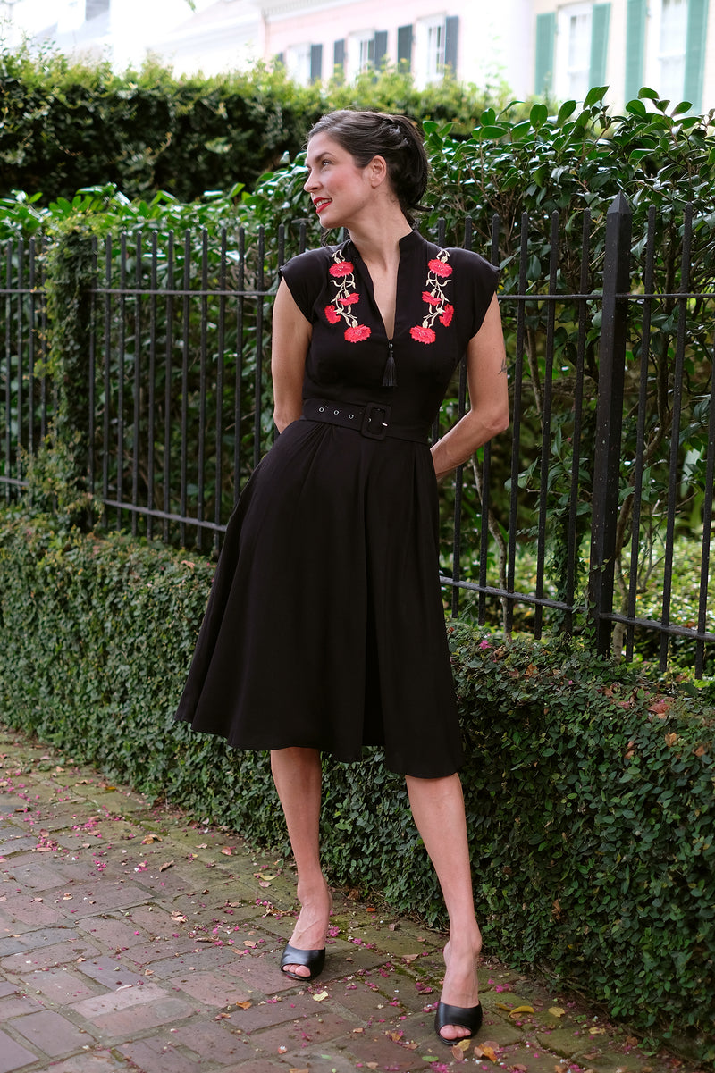 Zip Front Marie Dress - Red Floral Embroidery