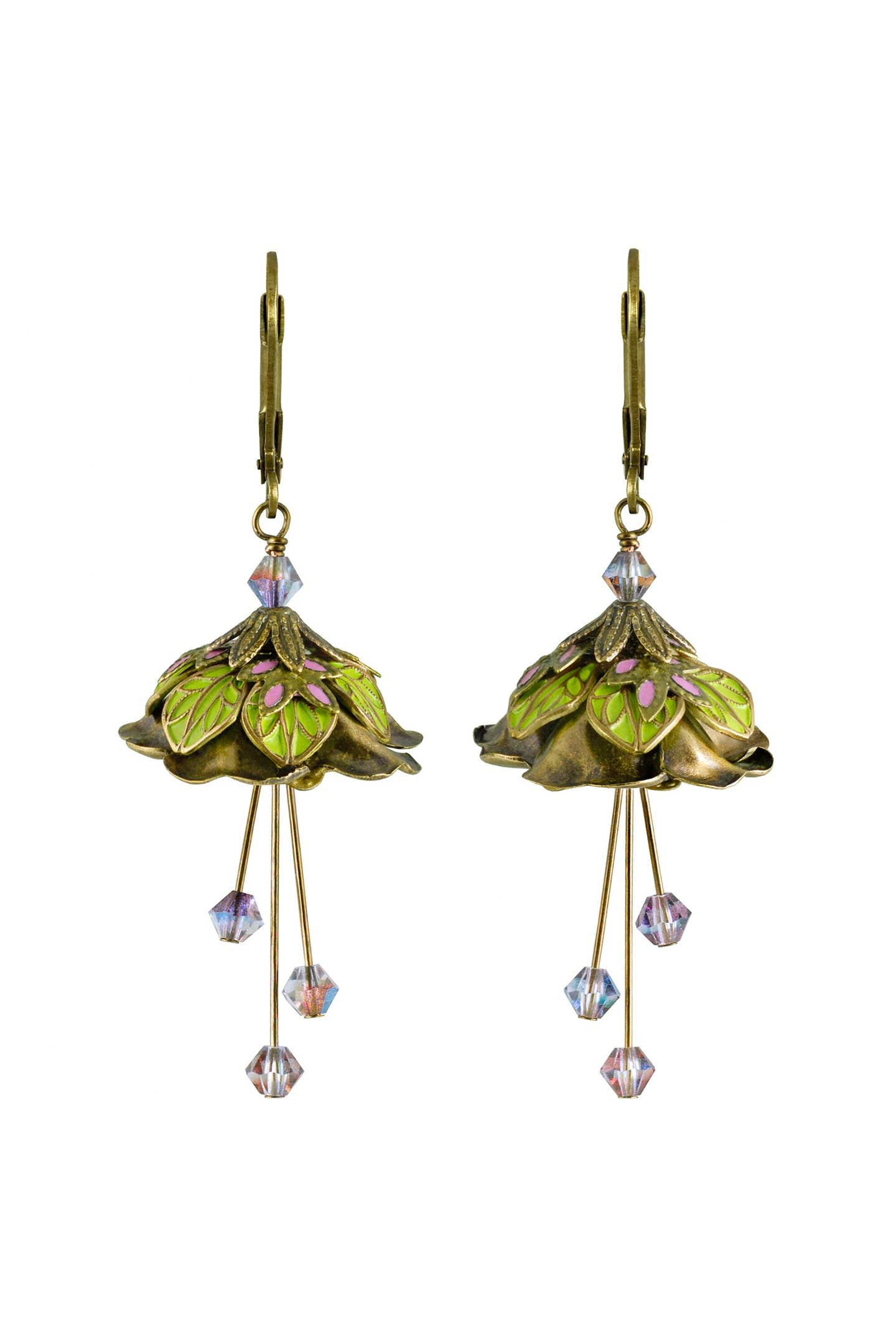 NoMonet Flower Fairy Painted Whimsical Lily Pad Earrings with Crystals