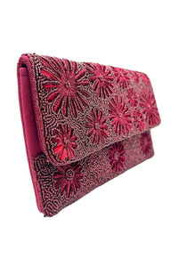 Burgundy Floral Embroidered Beaded Clutch