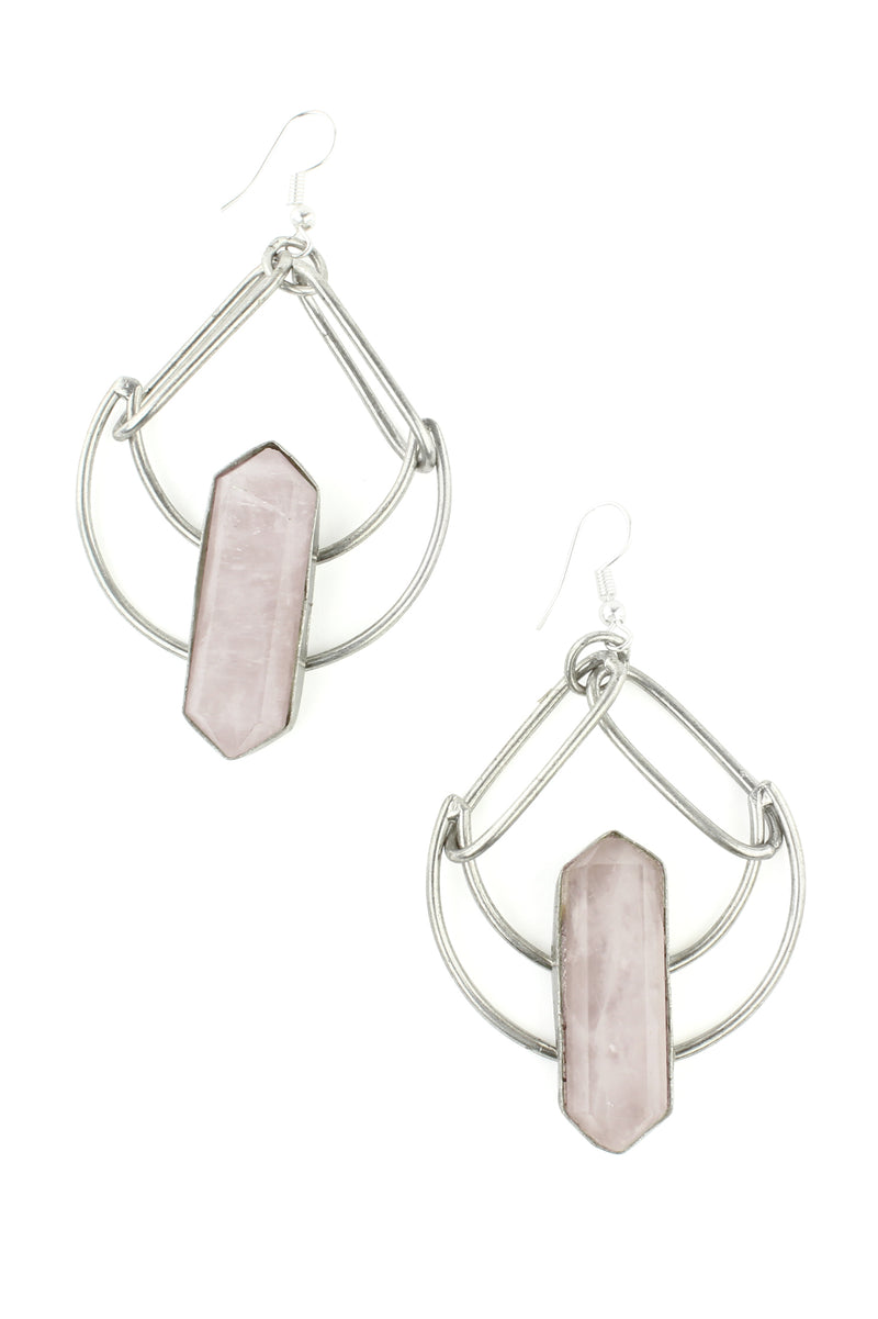 Silver Crescent Moon and Rose Quartz Earrings