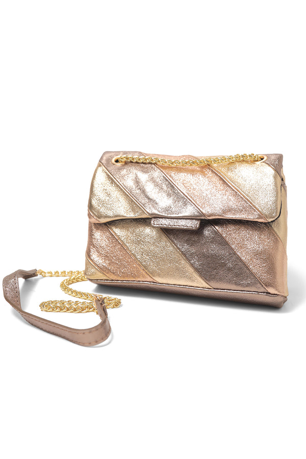 BC Bags Striped Multi Color Glitter Leather Bag - Bronze