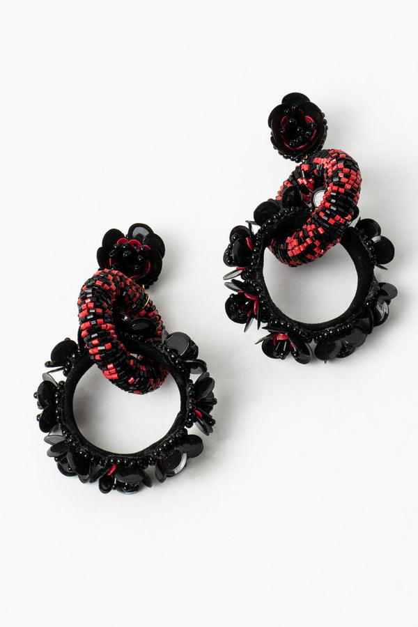Beaded Floral Rings Earrings - Black & Red