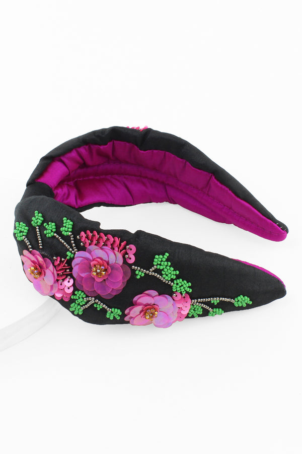 Fuchsia Sequin Floral Black Headband