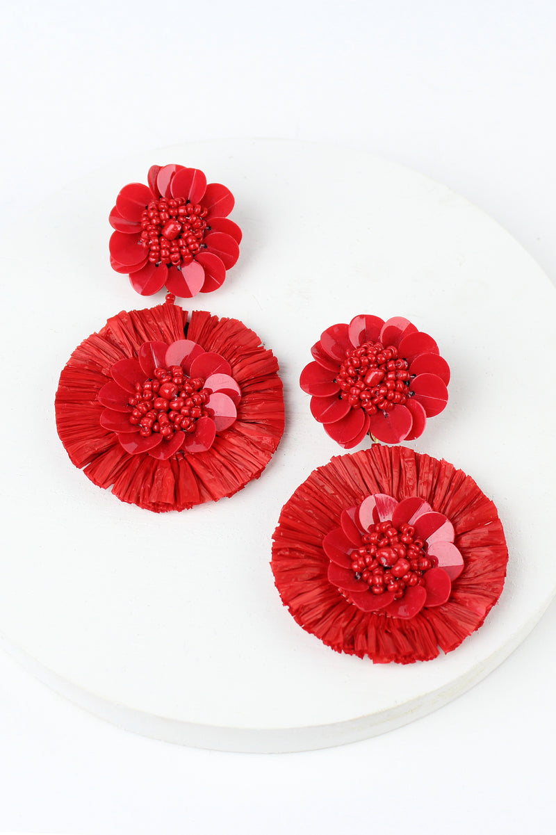 Raffia Beaded Flower Disc Drop Earrings