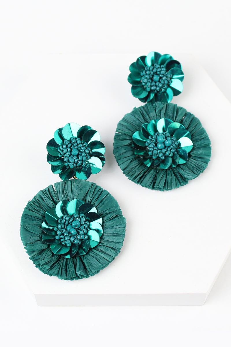Raffia Beaded Flower Disc Drop Earrings
