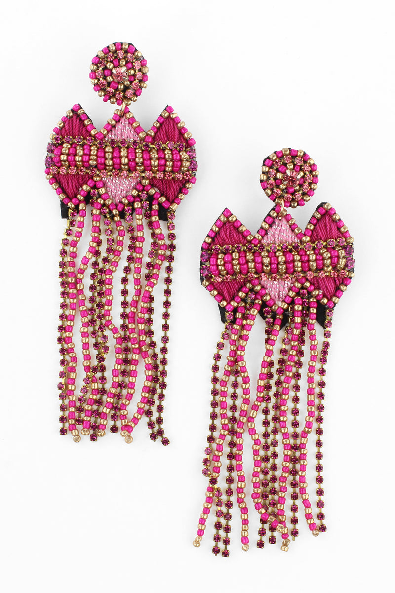 Pink Bead and Crystal Tassel Earrings
