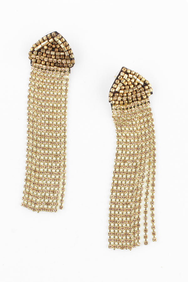 Gold Bronze Bead and Crystal Tassel Earrings