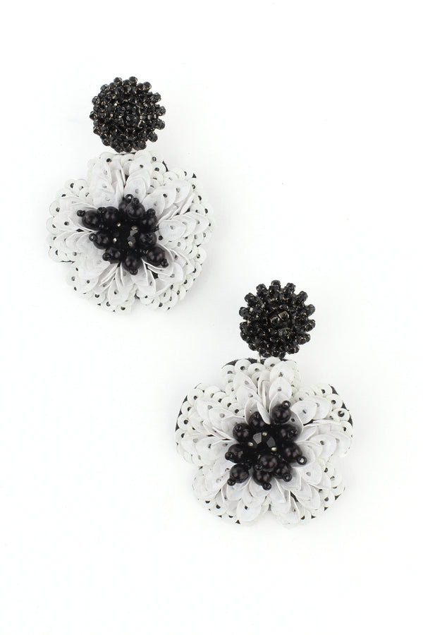 Black and White Sequin Flower Drop Earrings