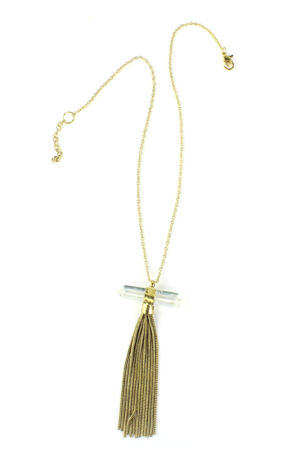 Antique Gold Crystal & Chain Tassel Necklace