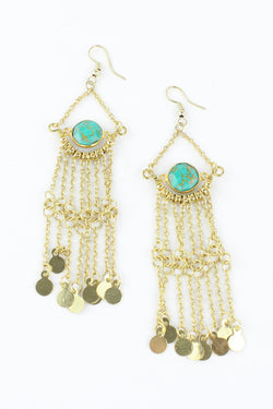 Gold Chain Drop Tassel Earrings with Turquoise Resin